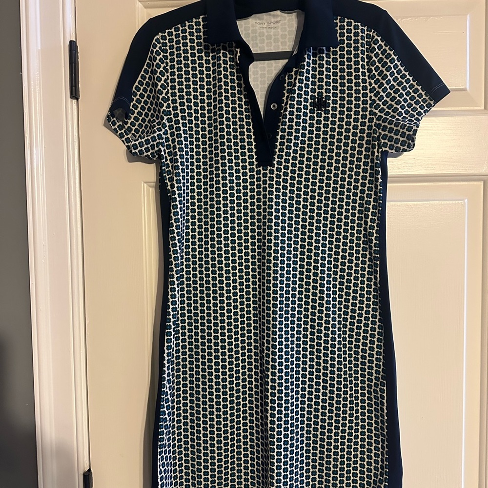 Tory Burch Pre-Loved Navy Blue and White Patterned Mini Dress Size Small